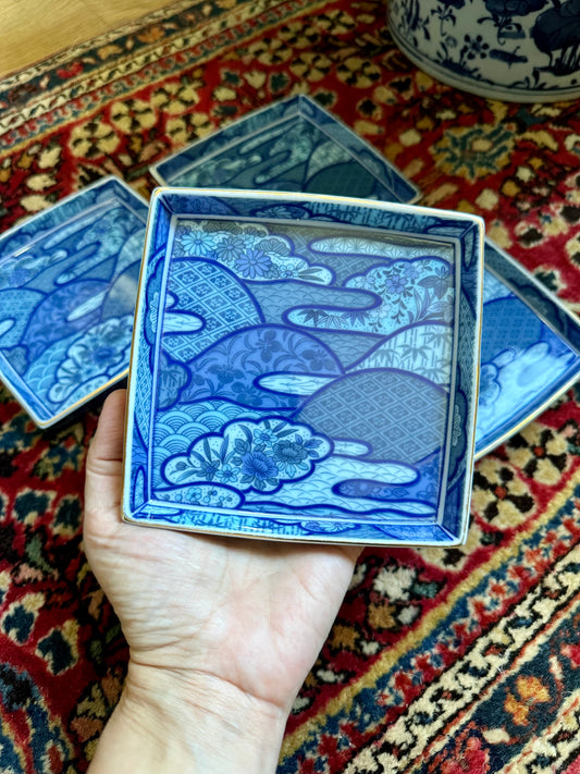 Blue and White Chinoiserie Ceramic Coasters with Holder, Decorative Object